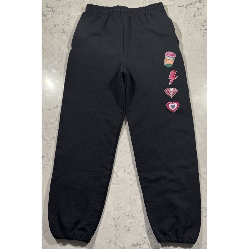 Gildan Black Kawaii Patch Sweatpants Womens Small Coffee Heart Y2K Joggers